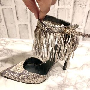 Stuart Weitzman Metallic Python Leather Pointed High Heel with Fringe